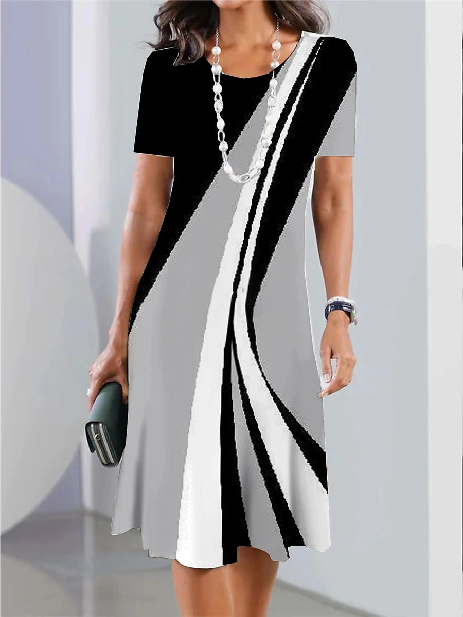 New Women's Dresses Striped Printed Elegant Casual O Neck Short Sleeve  Dresses Fashion Ladies Plus Size Clothing