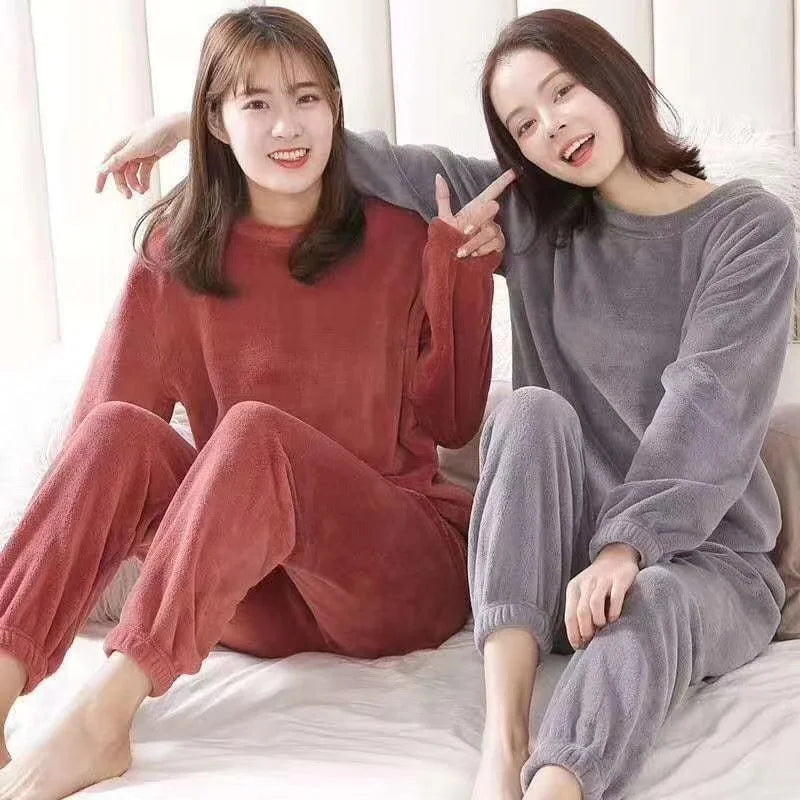 Warm Coral Fleece Pants Set Women's Loose Comfortable Home Wear Outerwear Versatile Lazy Girl Style Long Sleeve Cartoon Print