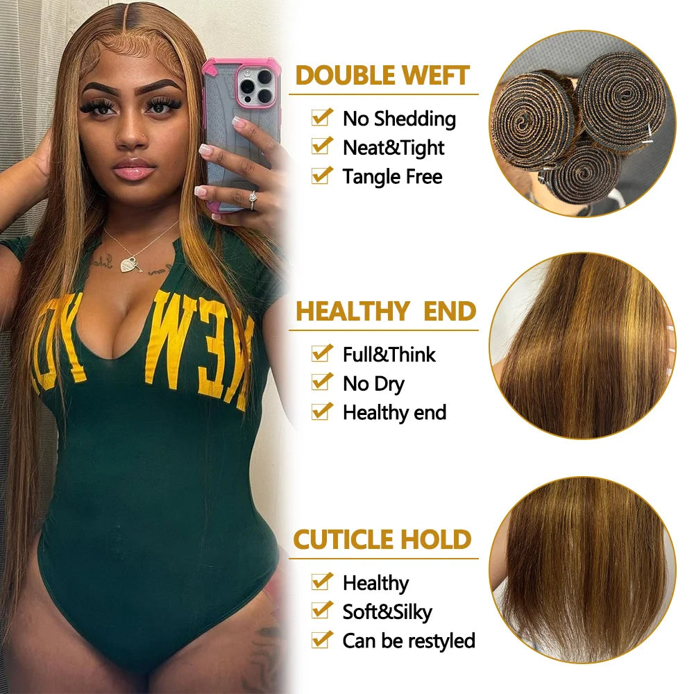 12A Highlight Straight Bundles Human Hair Bundles P4/27 Colored Ombre Honey Blonde Bundles Brazilian Hair Extensions Form Women