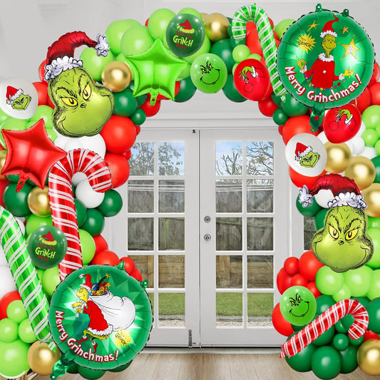 Christmas Balloon Garland Arch Kit Xmas Red Green Gold with Candy Cane Star Balloon for Christmas Party New Year Decoration