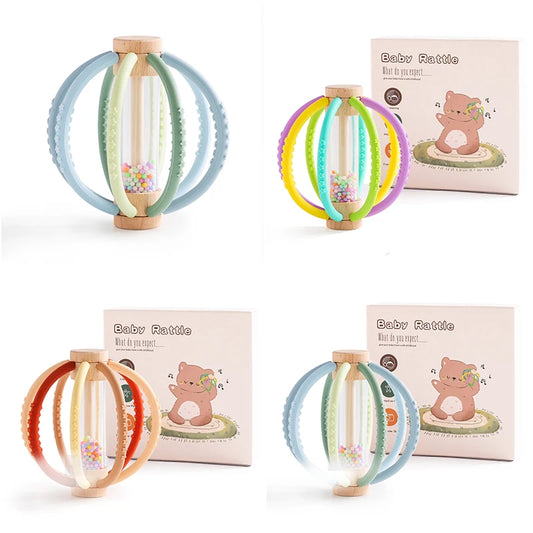 Baby Rattle Toy Wooden Rain Drum With Silicone Baby Sensory Touch Toy Newborn Dental Care Gum Anti-eating Hand Molar Stick Gif