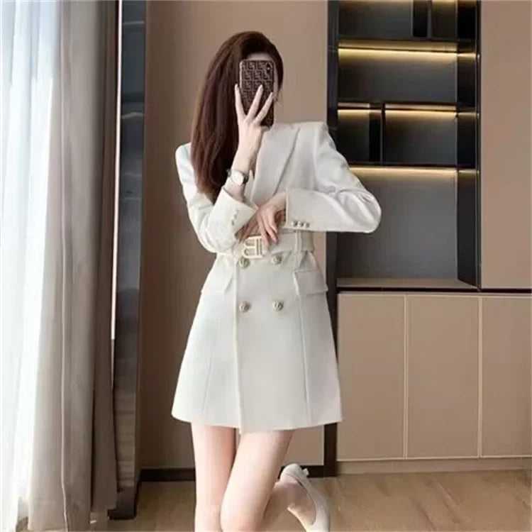 French Elegant Long Sleeve Suit Dress Waist-Cinching Short Size Professional Double-Buttoned Belted Coat