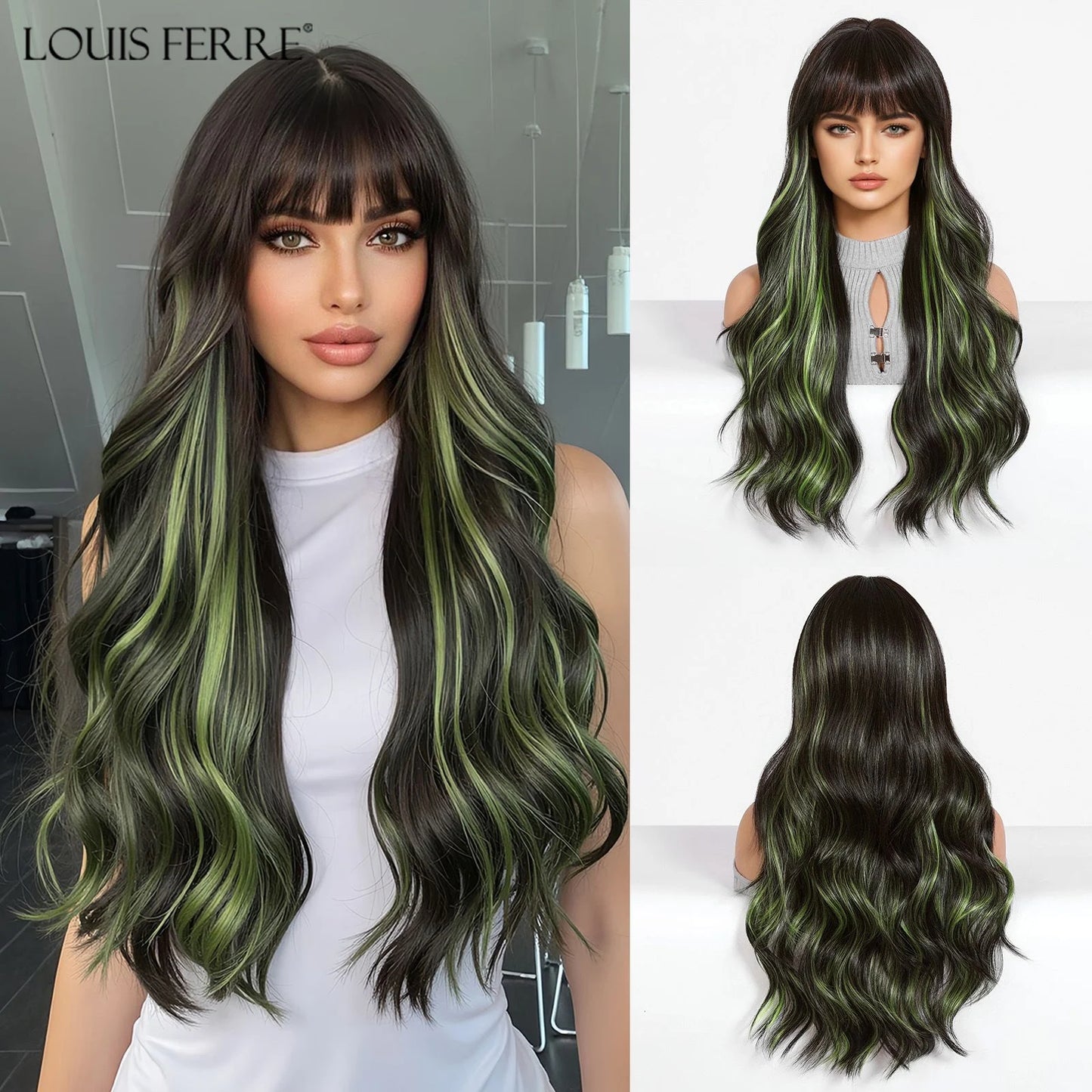 LOUIS FERRE Brown Blonde Highlights Wigs For Women Daily Long Wavy Curly Synthetic Wigs Natural Heat Resistant Hair With Bangs
