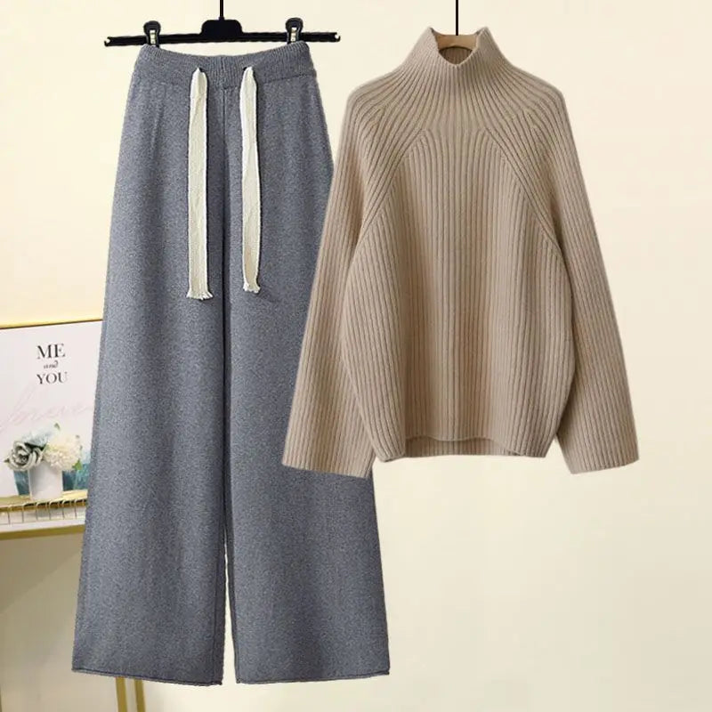 Plus Size Autumn Winter Women's Set New Lazy Style Sweater And Slimming Casual Pants Two Piece Set Trendy Elastic Knitted Fabric