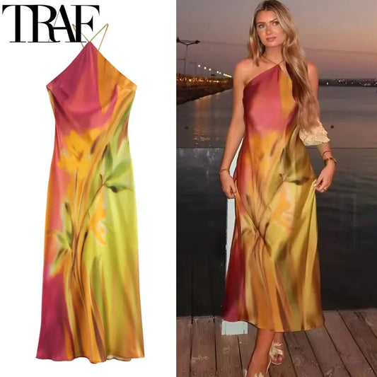 TRAF Women's Dress 2024 Print Halter Midi Dresses Summer Tie Dye Long Dresses For Women Backless Sexy Satin Holiday Dresses