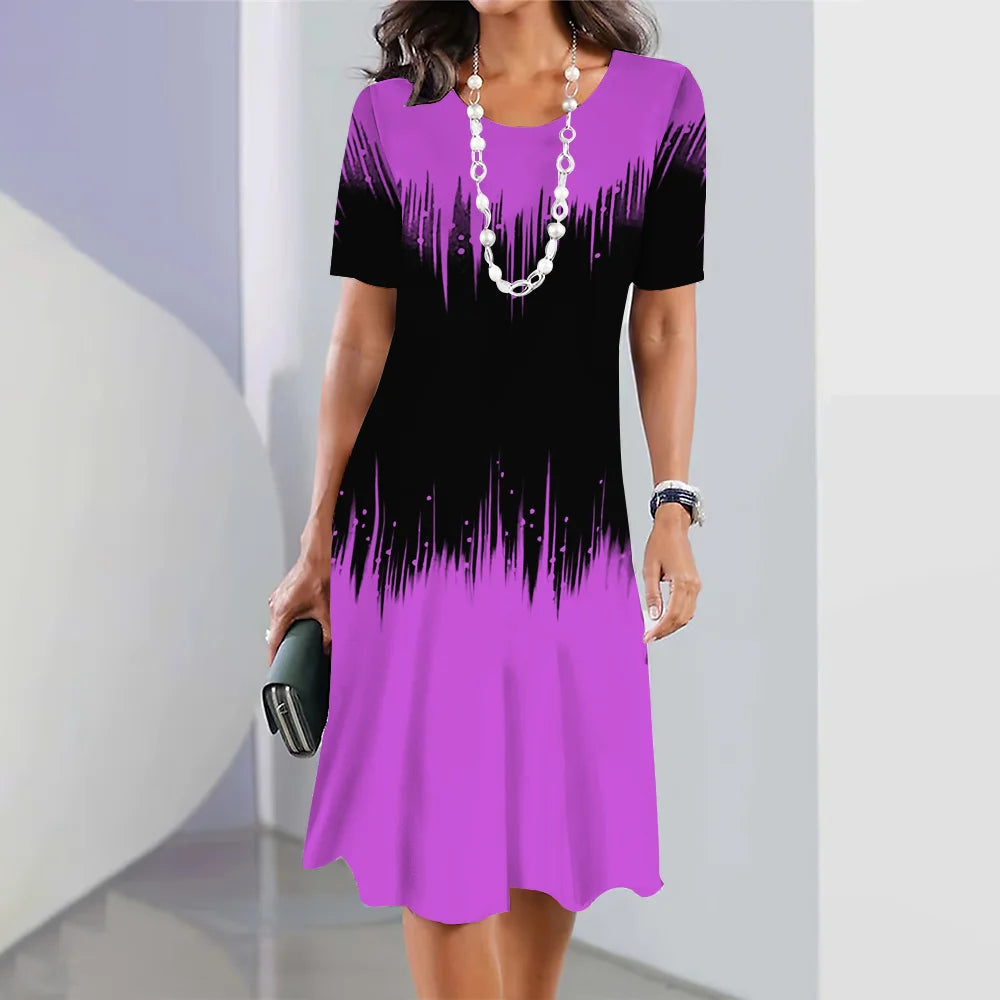 New Women's Dresses Striped Printed Elegant Casual O Neck Short Sleeve  Dresses Fashion Ladies Plus Size Clothing