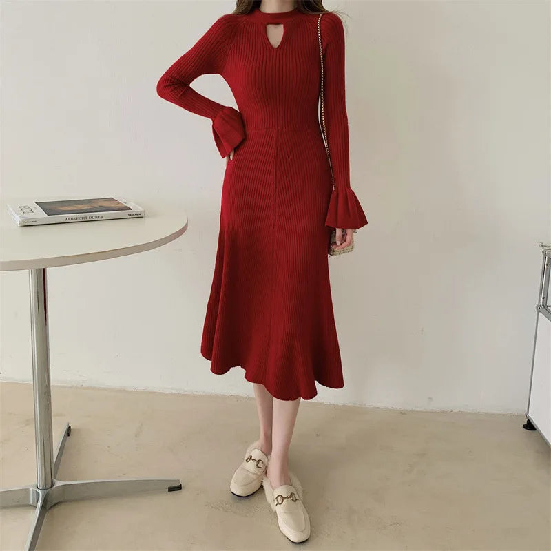 Elegant V-Neck Knitted Dress Slimming Long Skirt High Waist Bell Sleeve Unique Design Autumn Winter Women's Fashion Dress
