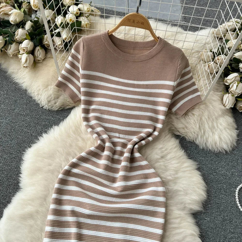 Knitted Dress O Neck Short Sleeves Chic Hotsweet Slim Sundress Streetwear Y2K Bodycon Midi Dress