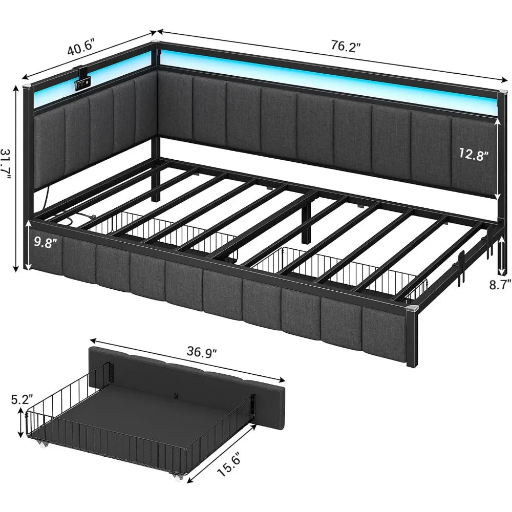 Hasuit Corner Bed Frame with Storage Drawers, Twin Daybed with Line Fabric Upholstered Fence, Kids Bed Unit with LED Light
