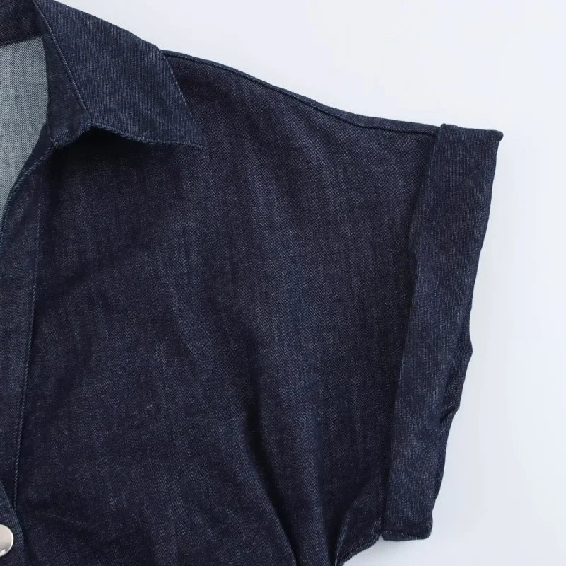 denim MIDI dress with lapel side zipper fashion wrinkle waist slim elegant dress