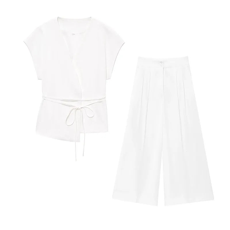TFMLN Fashion Women's Trouser Suits Sleeveless V-Neck Top With Belt Straight Pants Sets.