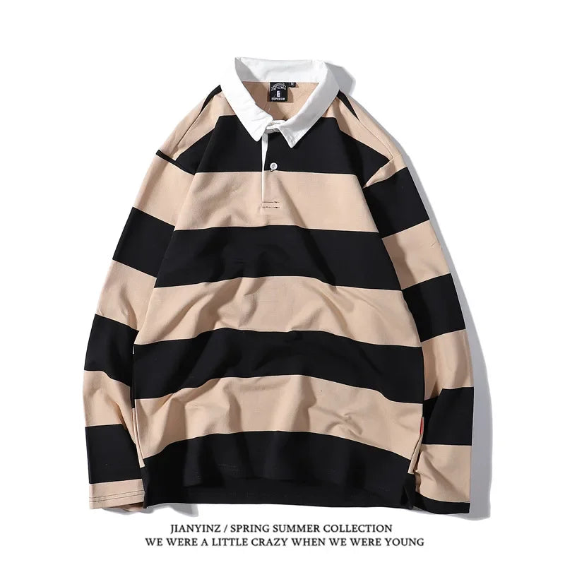 Minimally striped printed mens collar T-shirt autumn business casual long sleeved top comfortable breathable loose collarT-shirt