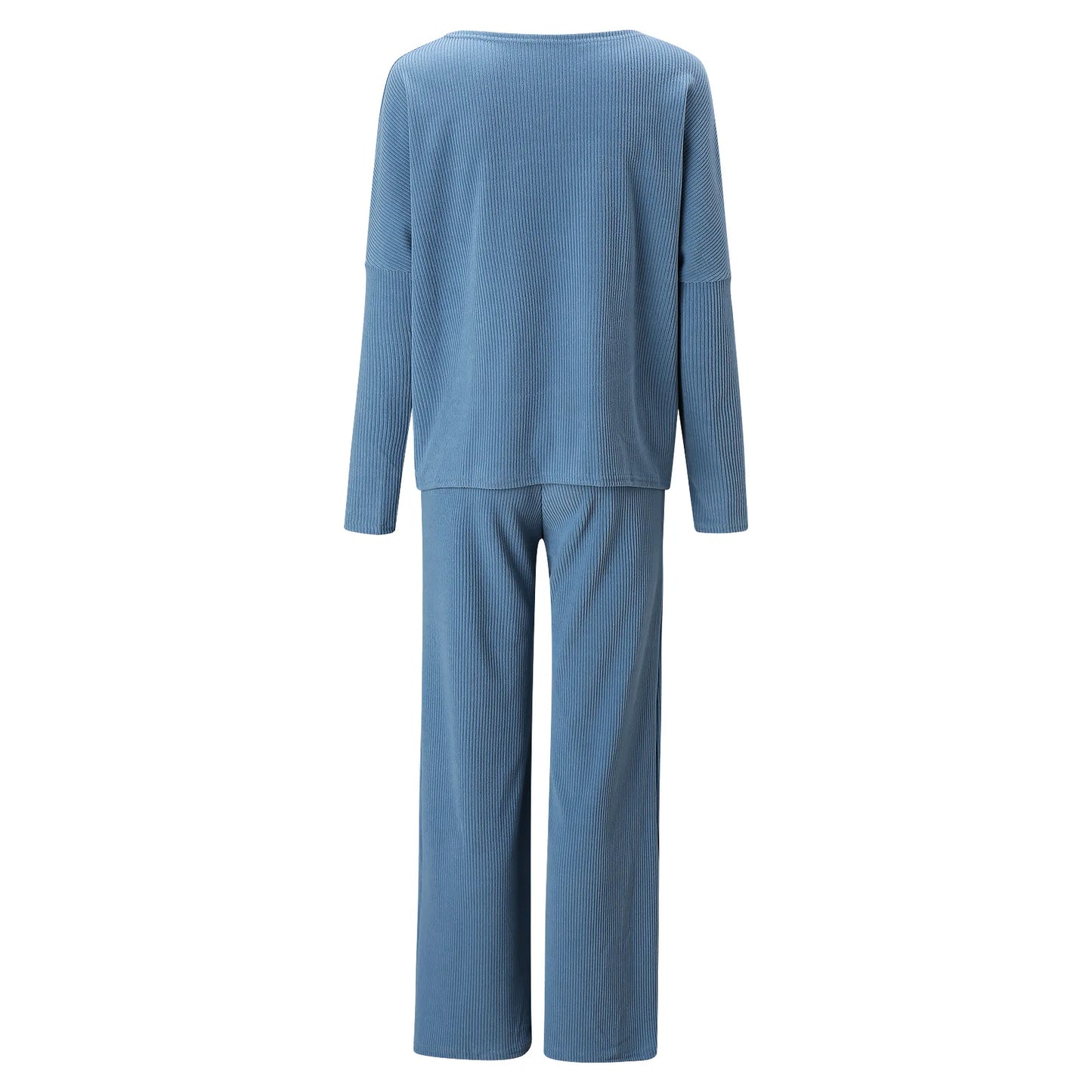 New Women's 2pcs Clothes Set Solid Color Round Neck Long Sleeve Casual Top & Loose Wide Leg Pants Home Wear