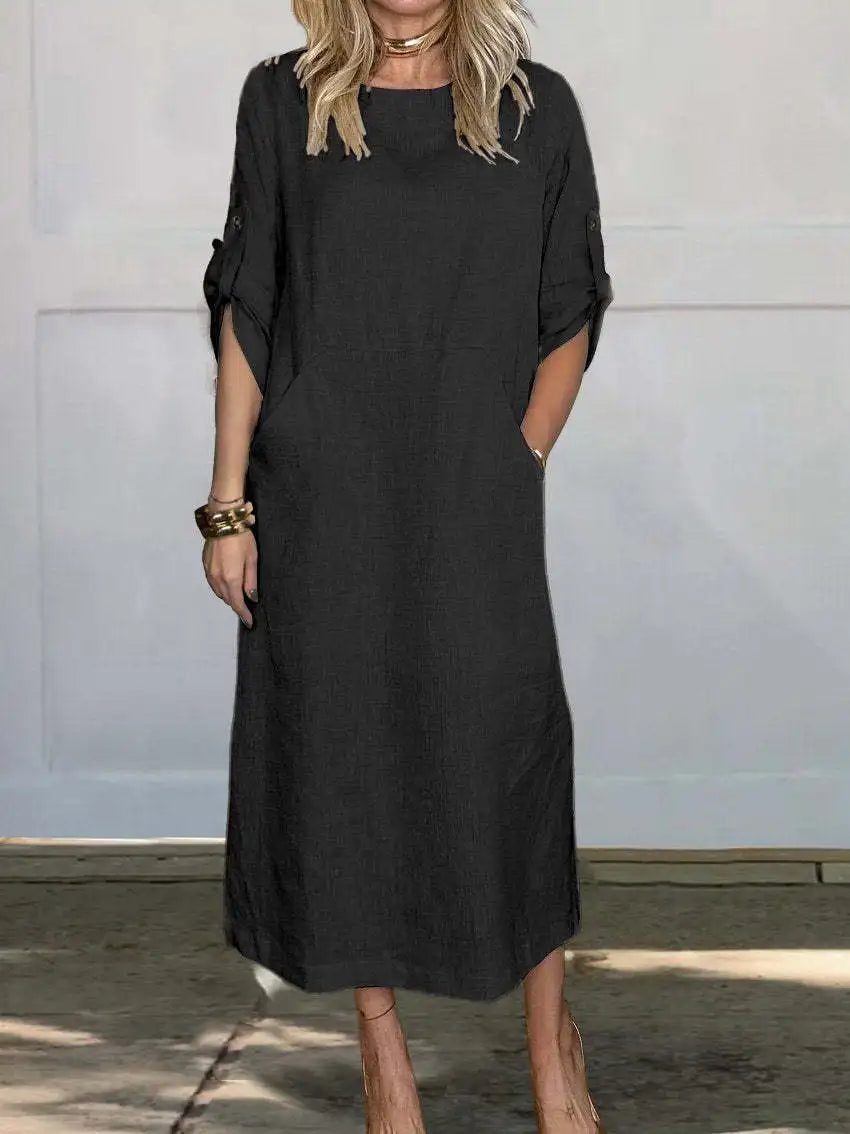 New Women's Clothing  Loose Casual Solid Color Short Sleeved Cotton Linen Fashionable Button With Pocket Dress