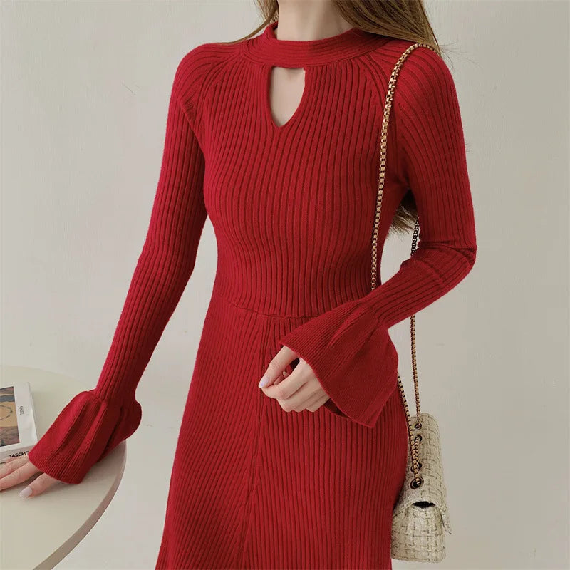 Elegant V-Neck Knitted Dress Slimming Long Skirt High Waist Bell Sleeve Unique Design Autumn Winter Women's Fashion Dress