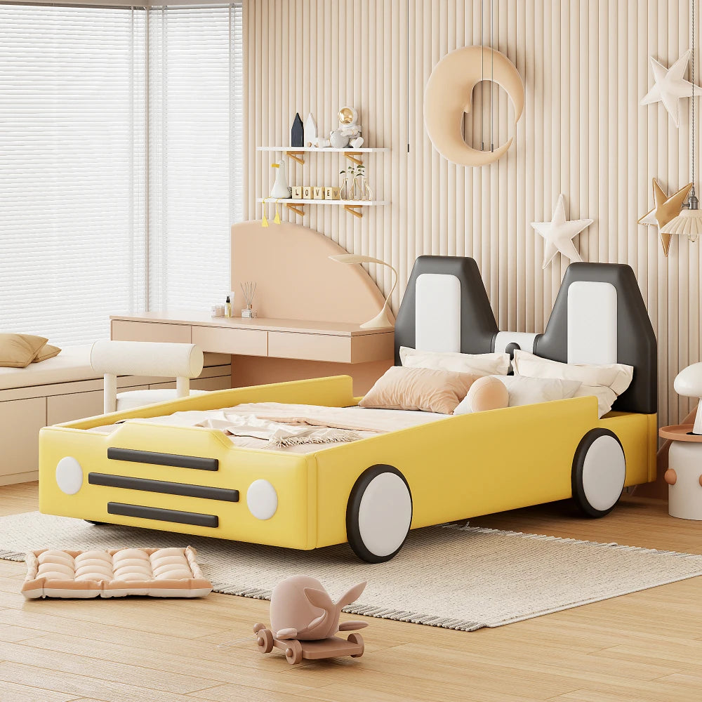 Twin Size Race Car Bed for Kids,PU Car-Shaped Bedframe with Wheels and Side Rails,Wood Slat Support,No Box Spring Needed,Red