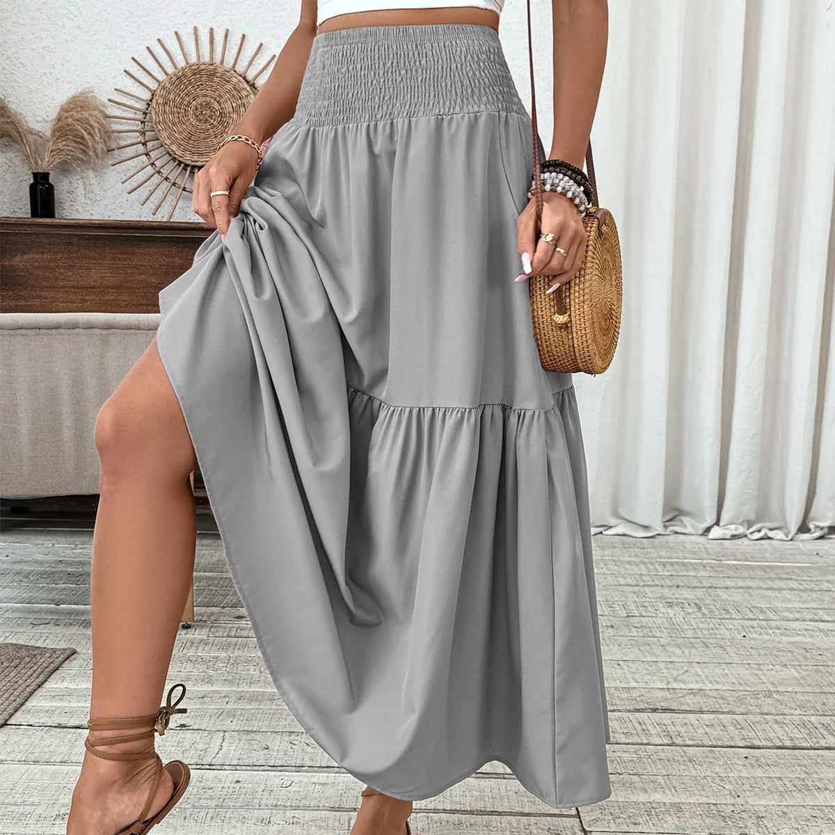Women New Classic Printed Skirt Retro High Waist Long Skirt Casual Stylish Loose Beach Skirt Elegant Ladies Floral Pleated Skirt