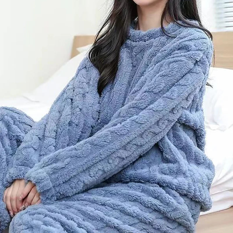 Autumn Women Solid Warm 1/2 Piece Sets Thicken Velvet Ribbed Fleece Set Pullover And Pants Women Casual Pajama Sets 2025
