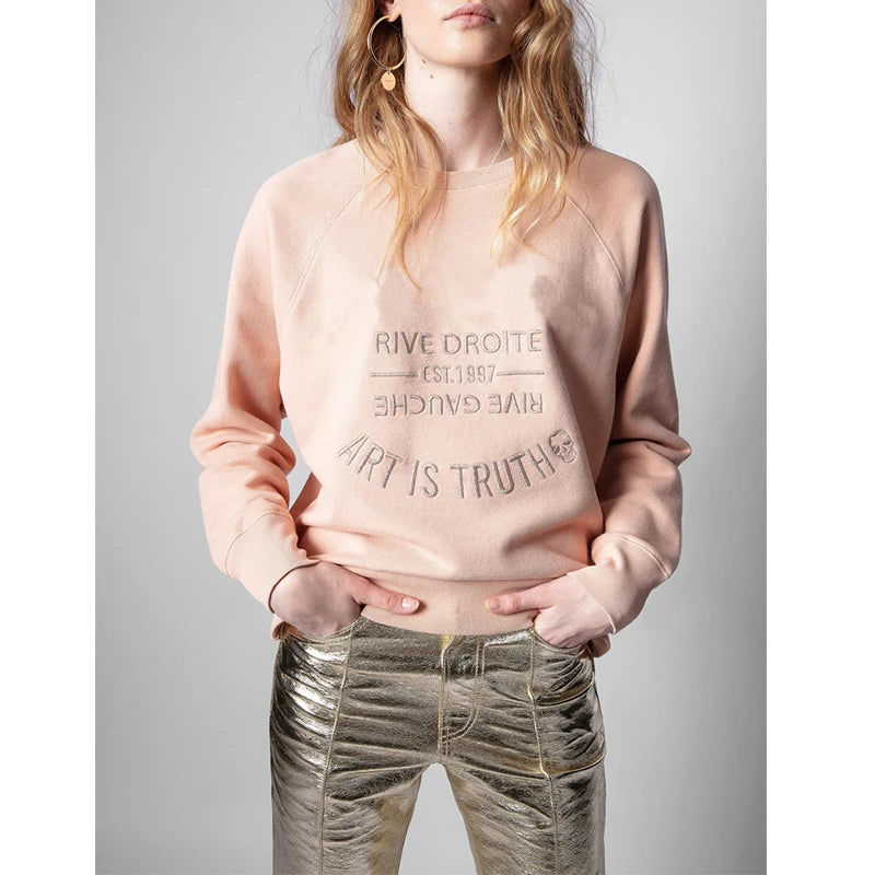 Early autumn new French niche ZV classic letter embroidery pink cotton women's embroidered pullover sweater sweatshirt