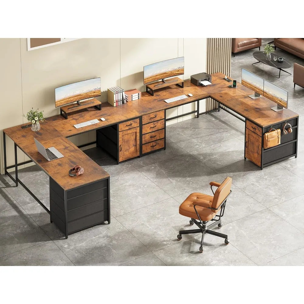 L Shaped Desk, 63" Computer Desk with 5 Drawer & Power Outlet, Long Home Office Desk or Corner Desk, L Shaped Corner Desk with