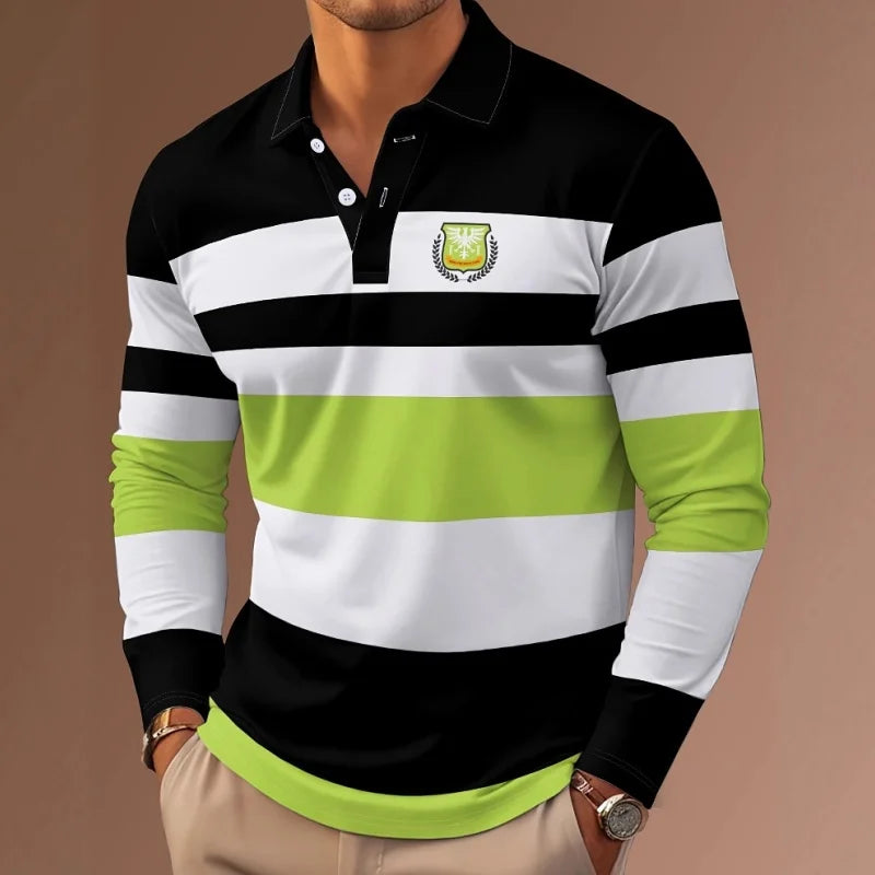 New Classic Stripe Printed Men's Long Sleeve Polo Shirts Autumn Casual Comfortable Fit Button Polo Tops Street Man Pullover