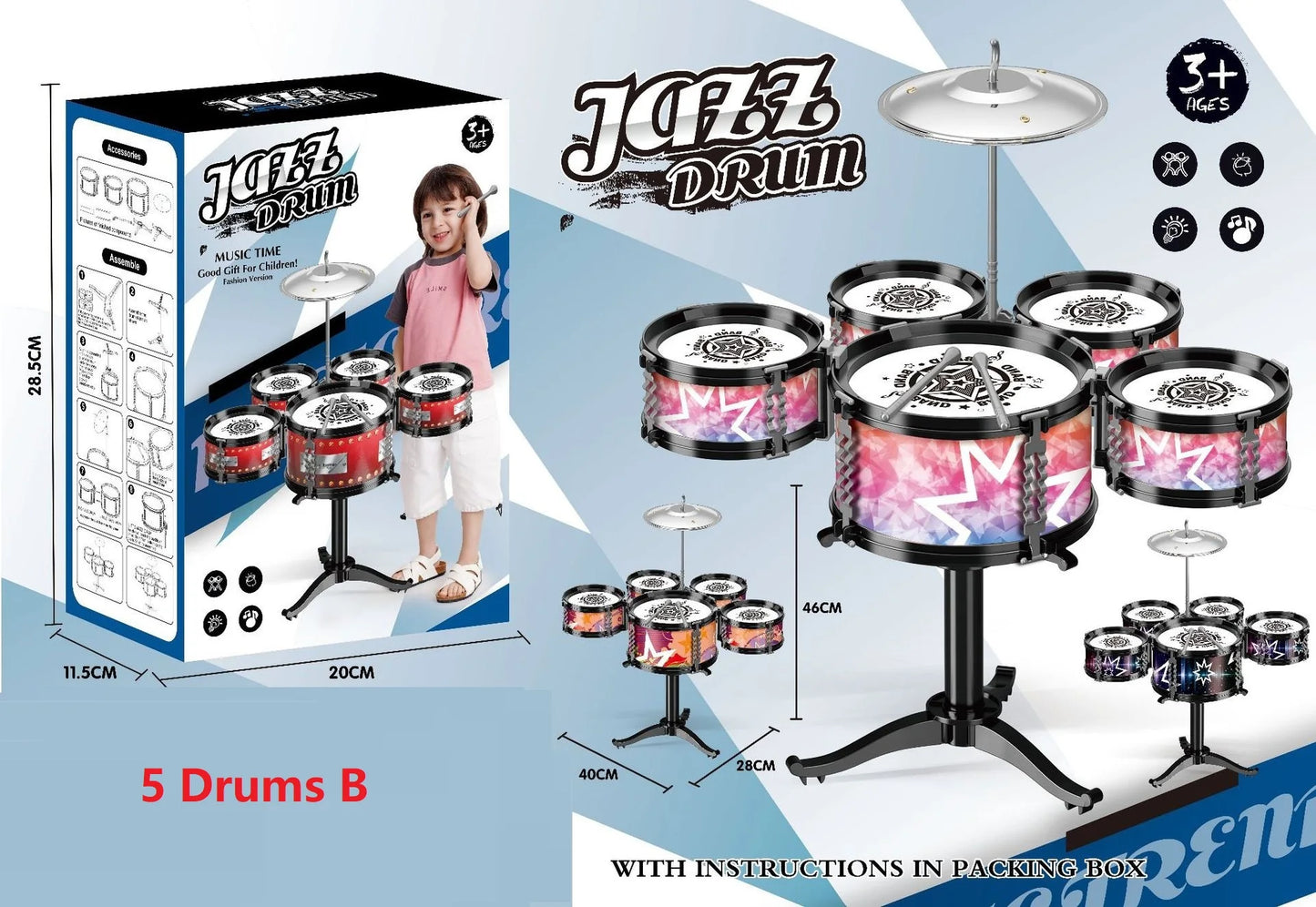 Jazz Drum Set for Kids 3 Drums / 5 Drums with Small Stool Drum Stick Set Music Instrument Educational Toys for Beginners Gifts