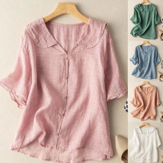 Women's Cotton Shirts Navy Collar Short Sleeve Casual Shirts Solid Color Summer Loose Blouse Tops Vintage Female Girl Streetwear