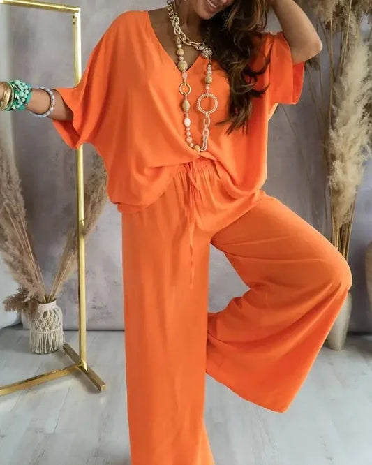 Casual Loose Two Piece Set Women Fashion V-neck Pants Sets Women Elegant Batwing Sleeve Homewear Outfits 2 Piece Sets