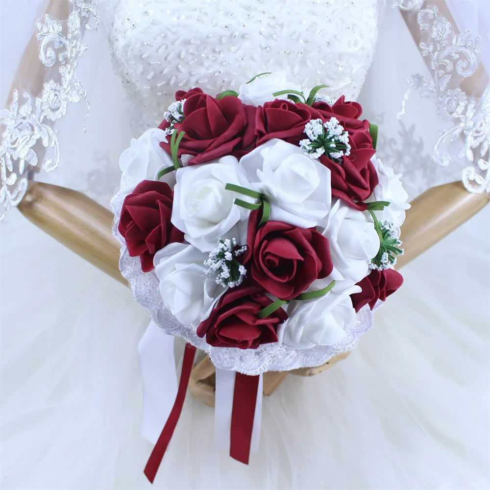 YO CHO Bridal Wedding Bouquet Artificial PE Rose Flower Fake Pearl Bouquet Blue Bridesmaid Marriage Wedding Supplies Decorations