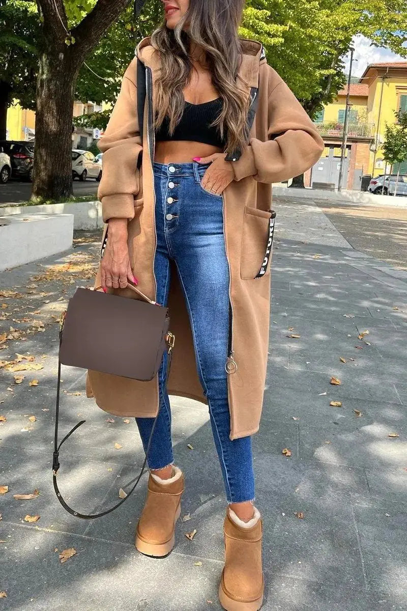 Cardigan Sweatshirt Women Hooded Long Coats Splice Casual Zipper Thick Coat Pocket Outwear Solid Jacket Autumn Winter 2024