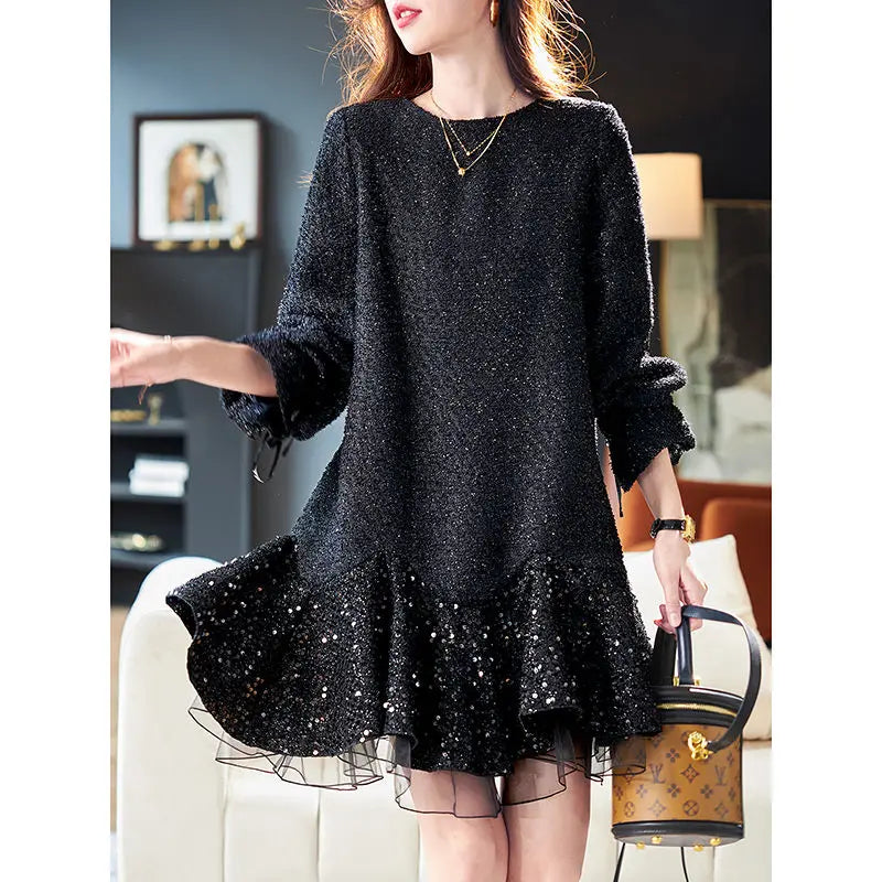 Autumn New Fashion Office Lady Mini Dress Elegant O-Neck Lantern Sleeve High Waist Sequined Lace Slim A-Line Party