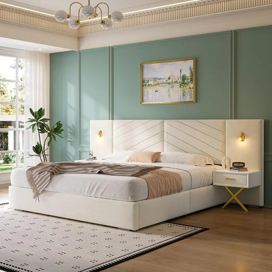 Luxurious King Platform Bed Frame, Velvet Upholstered Headboard with 2 Built-in Wall Sconces & Nightstands, Sturdy Metal & Solid