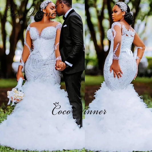Customized Africa Luxury Mermaid Wedding Dress For Women 2025 New Long Sleeves With Heavy Beading Sequin Lace Bride Dress W1381