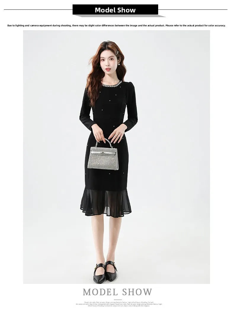 Fall Fashion Heavy Duty Rhinestone Splice Slimming Chiffon Mermaid Dress