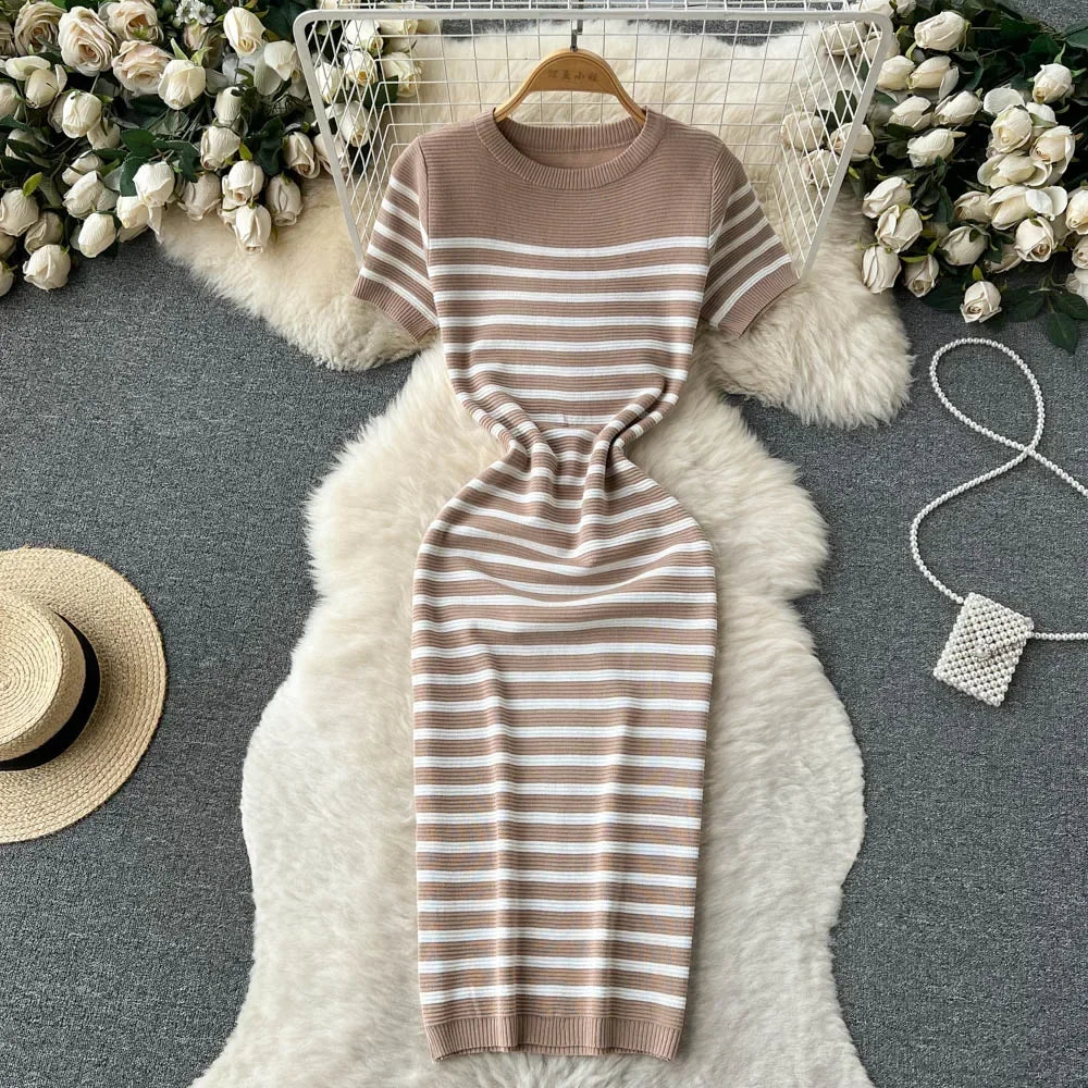 Knitted Dress O Neck Short Sleeves Chic Hotsweet Slim Sundress Streetwear Y2K Bodycon Midi Dress