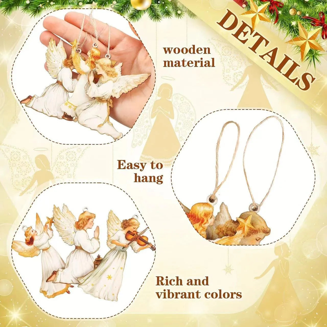 Christmas Retro Angel Girl Wooden Flat Pendants Xmas Tree Hanging Ornaments