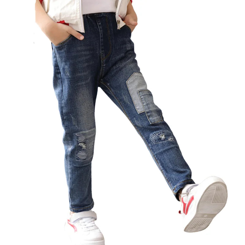 3-14yrs Kids Blue Patchwork Jeans for Fashion boys 4 5 6 7 8 10 12 14 Years Old