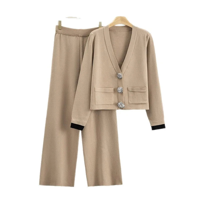 2025 Autumn  Casual Women's Knitted Pants Set V-neck Long Sleeved Single Breasted Knitted  Cardigan Wide Leg Pants Two Piece Set