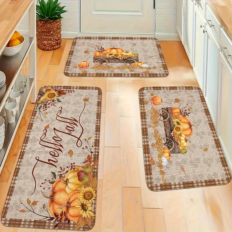Thanksgiving Kitchen Mat , Autumn Pumpkin Sunflower Maple Leaf Non-Slip Holiday Decor Rug for Home Party Decor