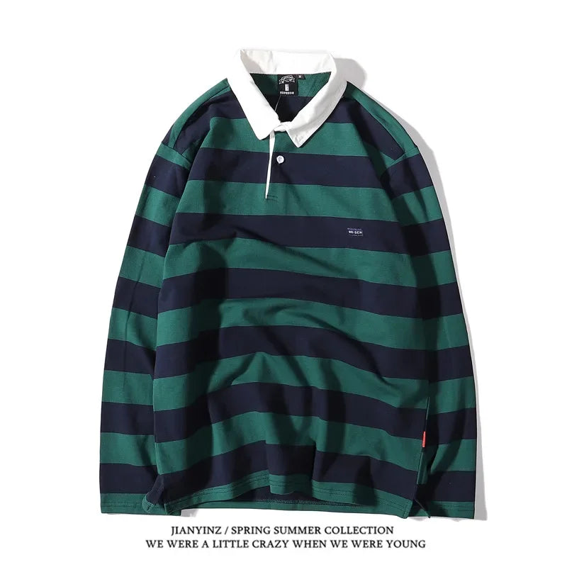 Minimally striped printed mens collar T-shirt autumn business casual long sleeved top comfortable breathable loose collarT-shirt