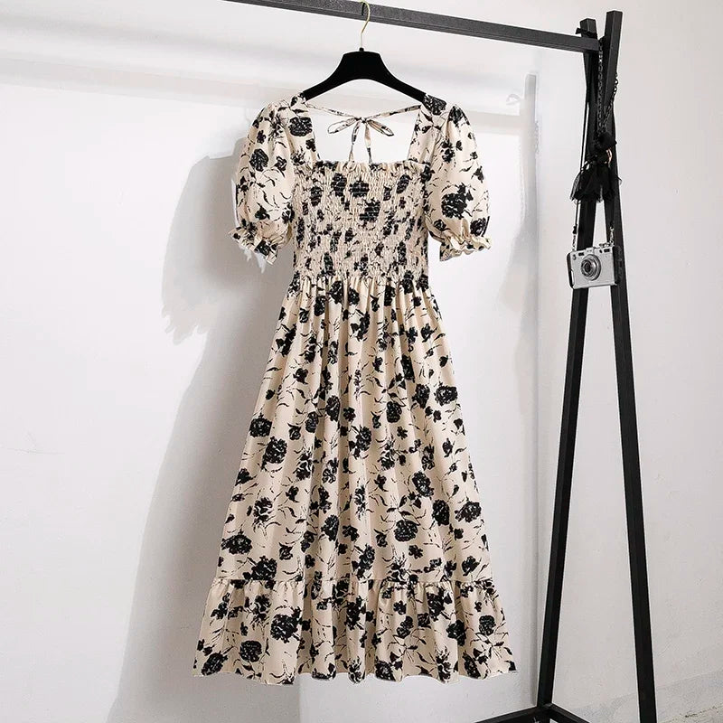 Spring Summer Chiffon Dresses Fashion Female Elastic Waist Short Sleeve Pleated Casual Dress Women A-line Dresses