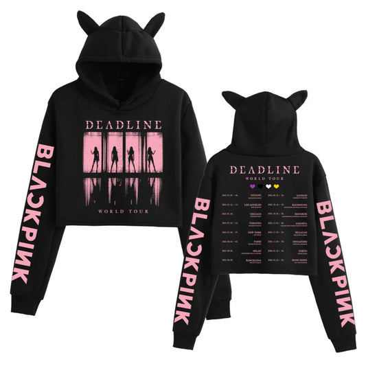 2025 BP Deadline Black World Tour Crop Tops Cat Ears Sweatshirt Long Sleeve Girls Fashion Hoodie