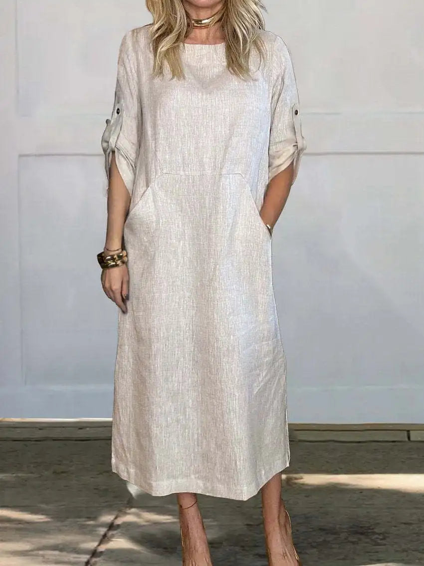 New Women's Clothing  Loose Casual Solid Color Short Sleeved Cotton Linen Fashionable Button With Pocket Dress
