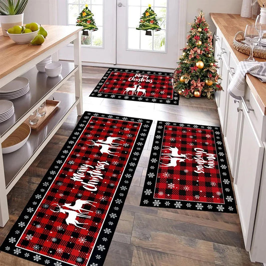 Plaid Christmas Tree Floor Mat Home Kitchen Absorbent Non-slip Mat Merry Christmas Decoration For Home