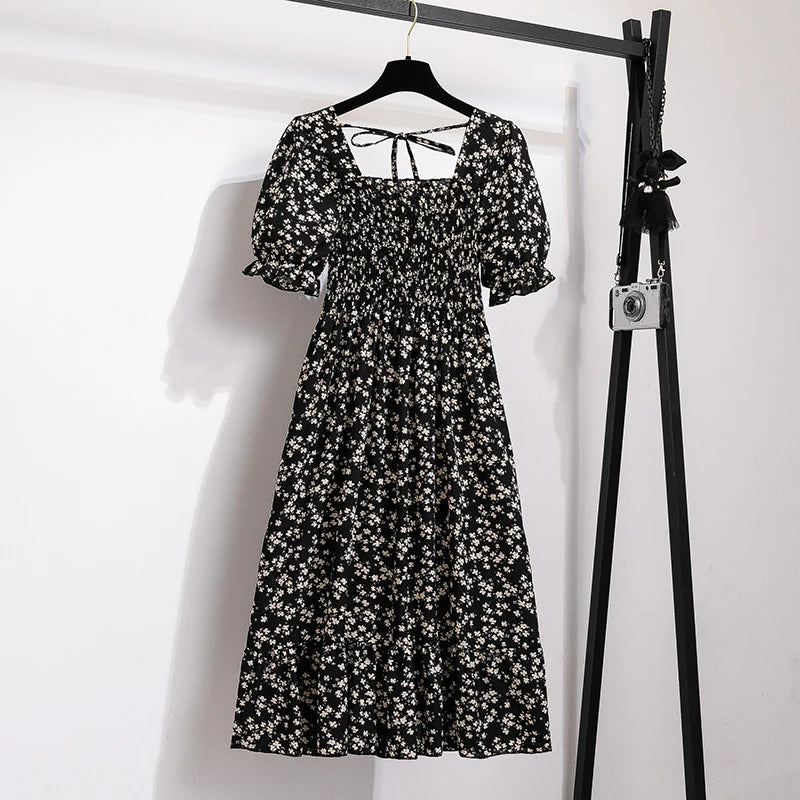 Spring Summer Chiffon Dresses Fashion Female Elastic Waist Short Sleeve Pleated Casual Dress Women A-line Dresses