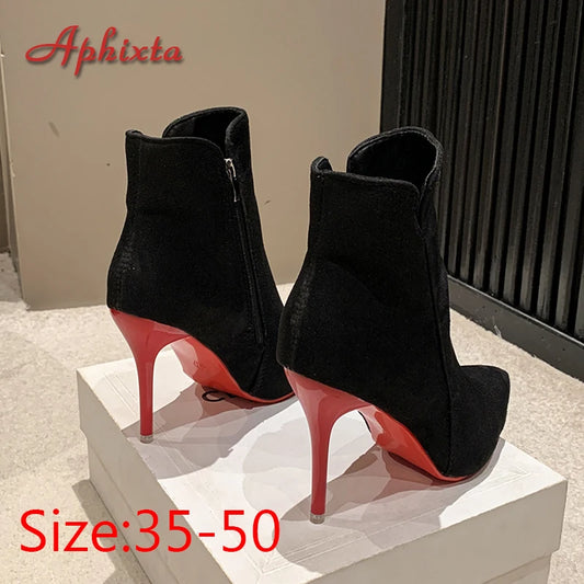 Aphixta 10cm Stilettos Winter Red Heels Zip Warm Black Ankle Boots Women Flock Footwear Shoes Women Super Big Size 47 48 49 50