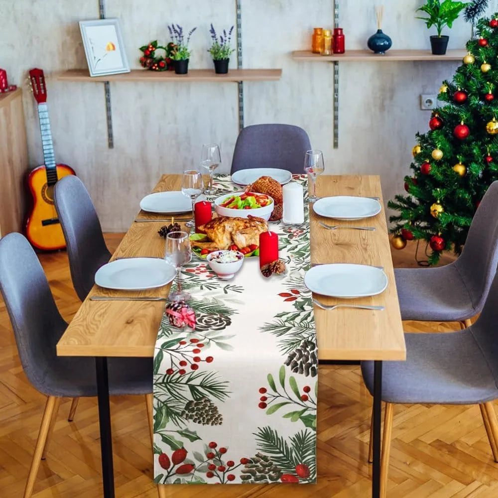 Christmas Dinner table flag: Festive Greenery and Berries for a Magical Feast! New Year home party decoration