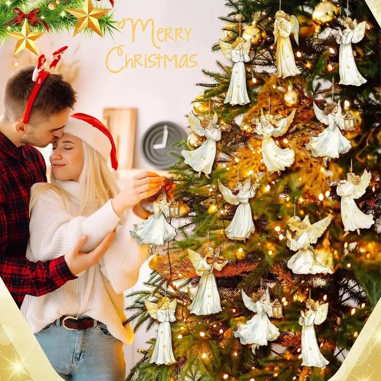 Christmas Retro Angel Girl Wooden Flat Pendants Xmas Tree Hanging Ornaments