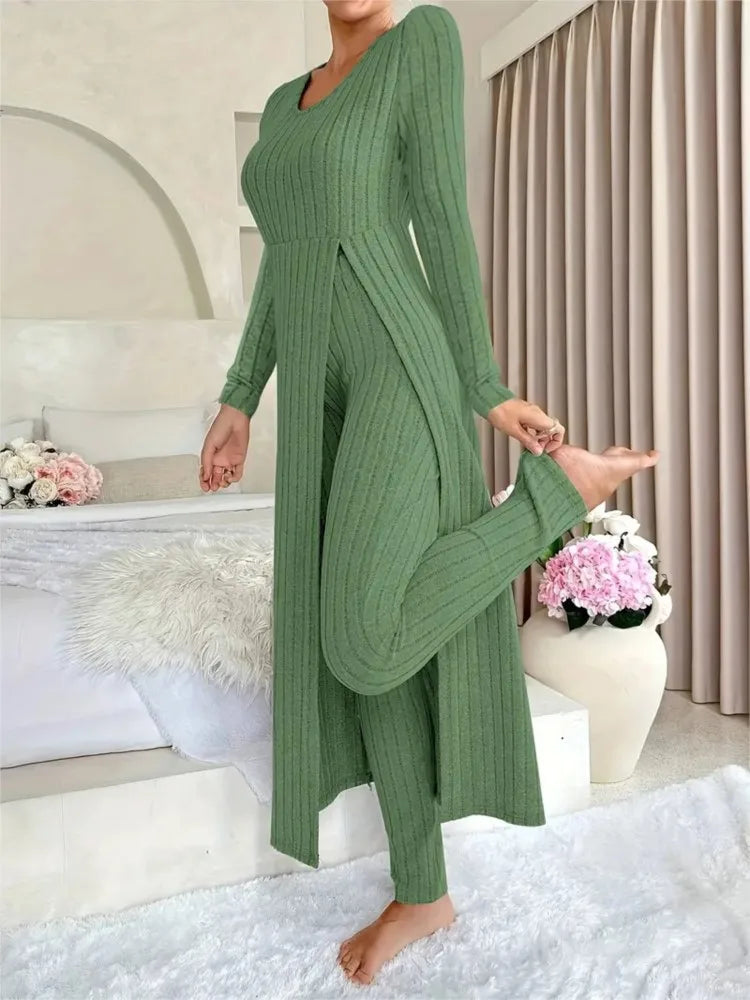 Autumn Casual Solid Set For Women Fashion O Neck Long Tops+High Waist Slim Pants 2 Piece Sets Lady Holiday Women's Clothing New
