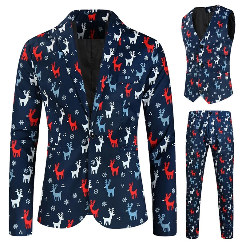 Men Christmas 3Pcs Suit Cartoon Print Long Sleeve Single Breasted Jacket with Vest Pants